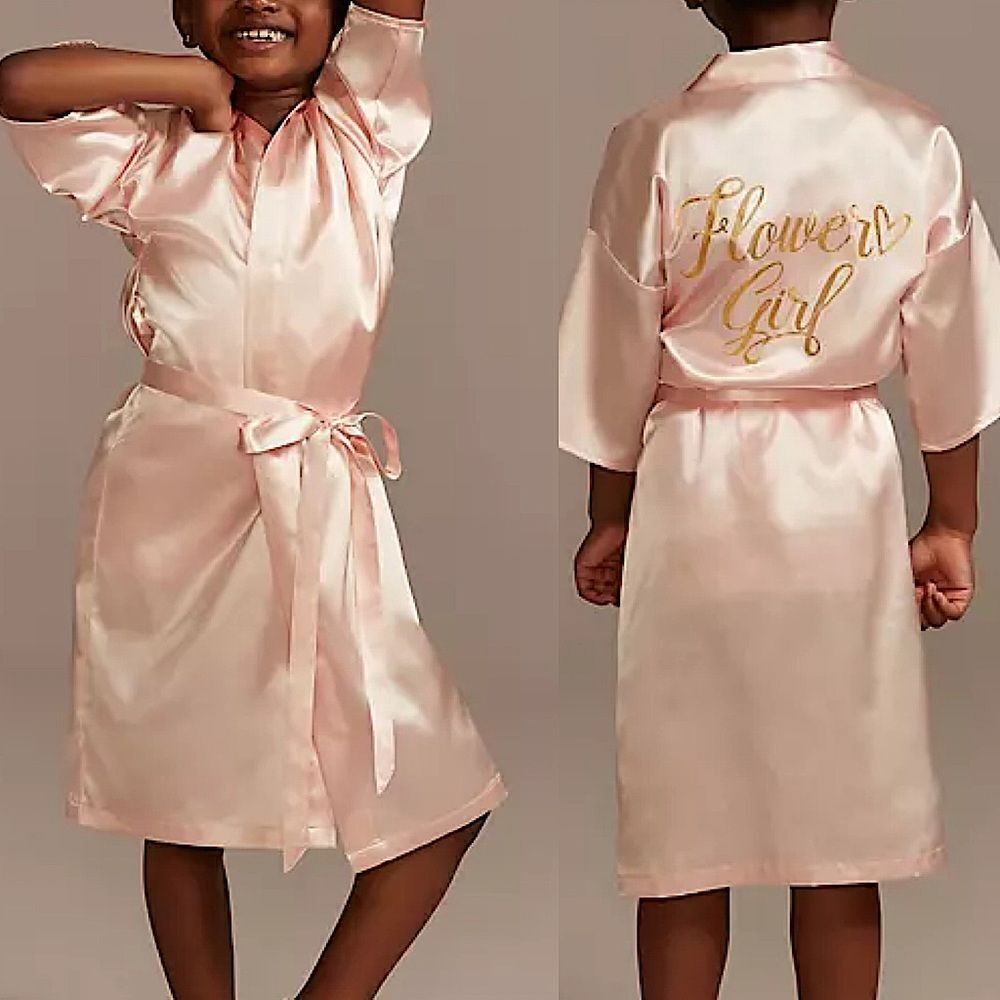 David’s Bridal blush pink gold writing flower girl silky satin Robe EUC M 10-12